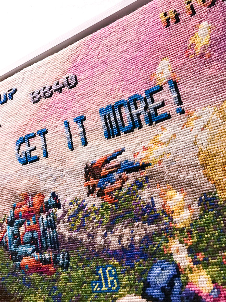 Embroidered art inspired by video games by Per Fhager